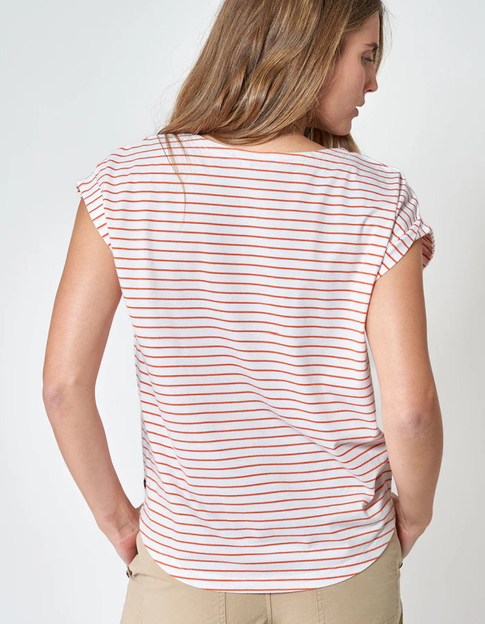 orange and white Breton striped T-shirt with short sleeves