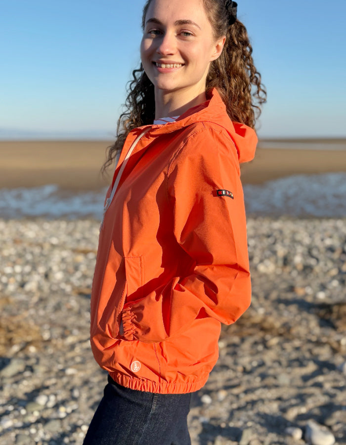 orange short packable rain jacket with hood