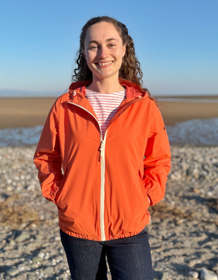 orange short packable rain jacket with hood
