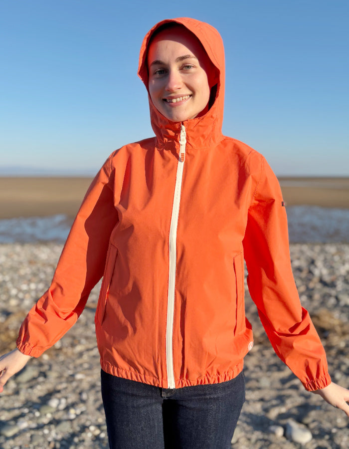 orange short packable rain jacket with hood