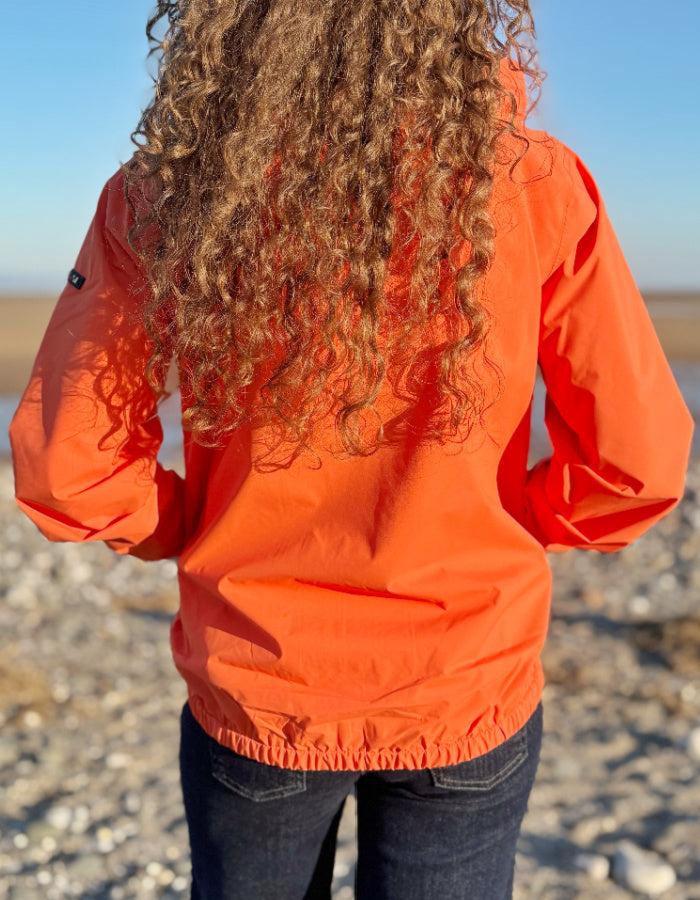 orange short packable rain jacket with hood