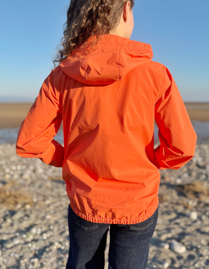 orange short packable rain jacket with hood
