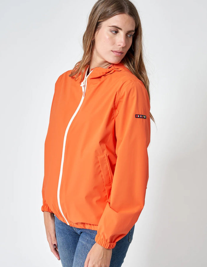 orange short packable rain jacket with hood