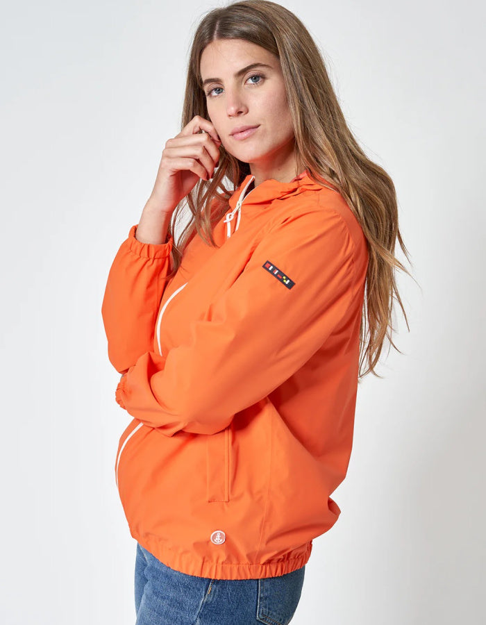 orange short packable rain jacket with hood