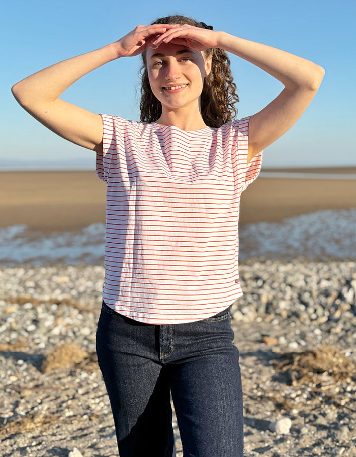 orange and white Breton striped T-shirt with short sleeves