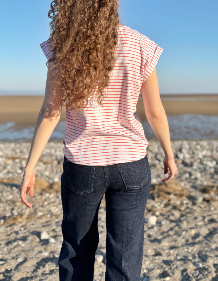 orange and white Breton striped T-shirt with short sleeves