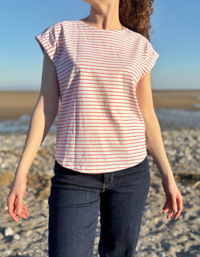 orange and white Breton striped T-shirt with short sleeves