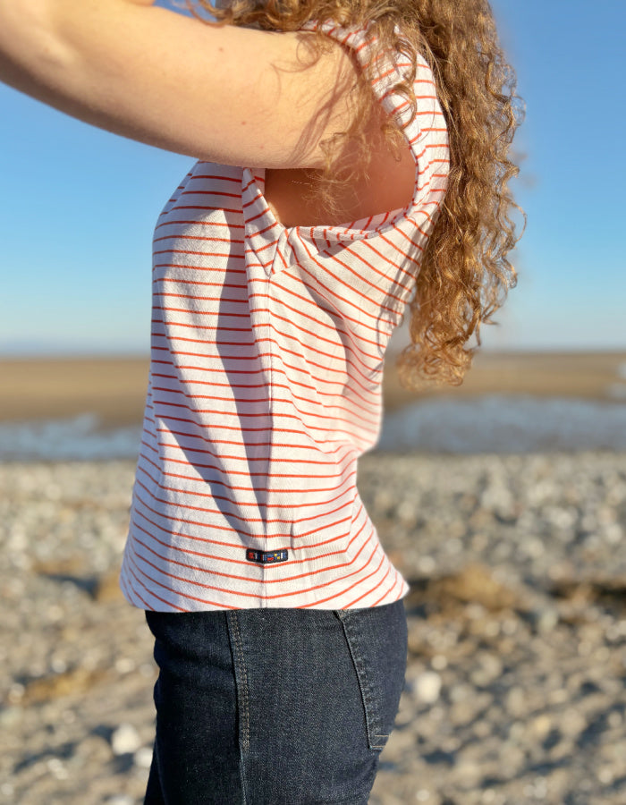 orange and white Breton striped T-shirt with short sleeves