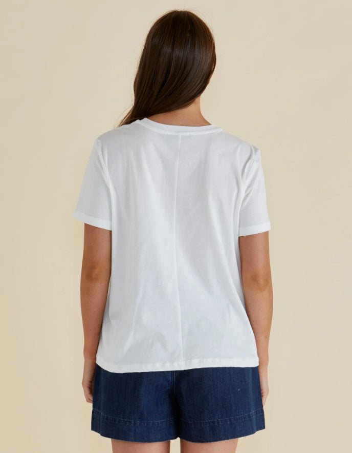 Person wearing a white t-shirt and blue shorts on a beige background