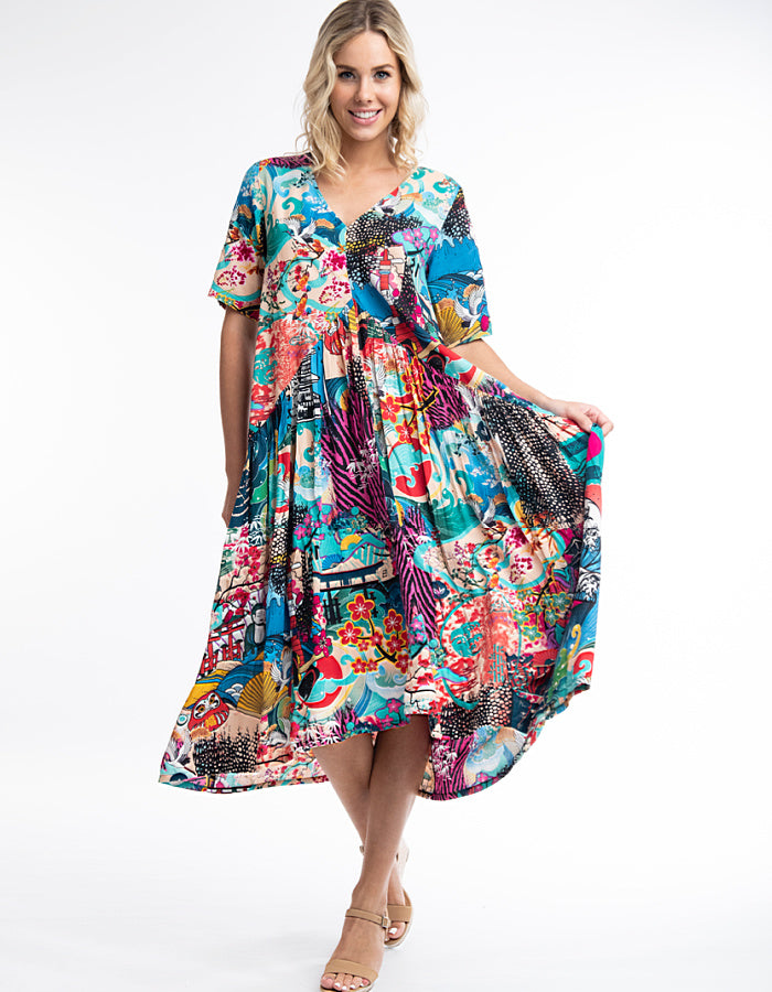 maxi length summer dress with v shaped neckline and peak empire line which falls with highly hemline, featuring cute kawaii Japanese print