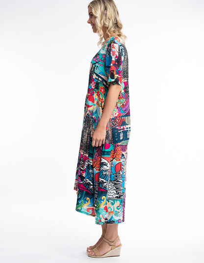 maxi length summer dress with v shaped neckline and peak empire line which falls with highly hemline, featuring cute kawaii Japanese print