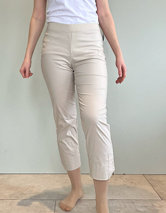pearl cream trapeze fabric stretch trousers with 7/8ths length with notch split hemline and elasticated waist