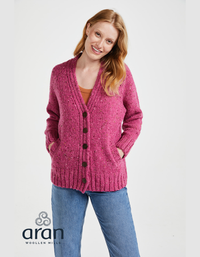 Aran Mills Donegal Cardigan with Side Pockets in Pink