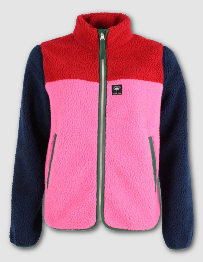 Color-blocked fleece jacket with red, pink, and navy sections on a light gray background