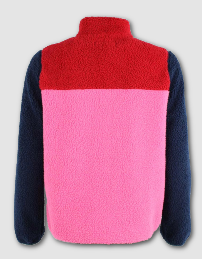Color-blocked fleece jacket with red, pink, and navy sections on a light gray background