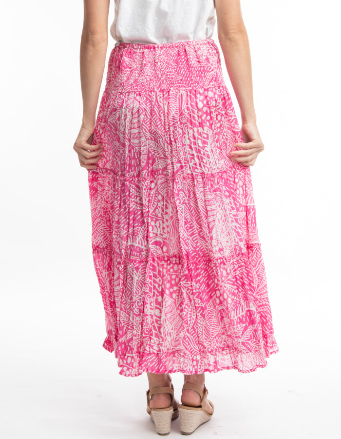 pink and white crinkle cotton maxi skirt with deep smocked elasticated waistband and toggle ties