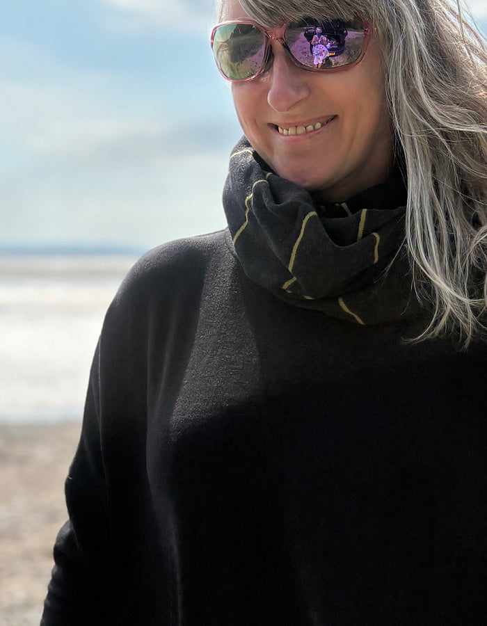 Neirami Cosy Snood in Olive Charcoal Pinstripe
