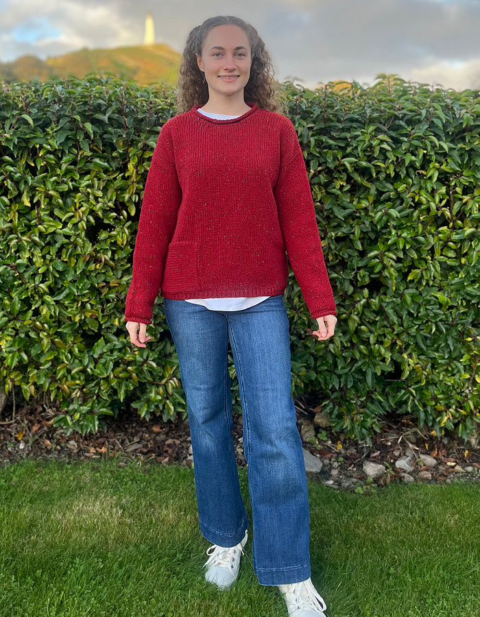 Fisherman out of Ireland Relaxed Fit Sweater with Patch Pocket in Robin Red