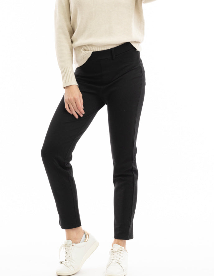 lady wearing black stretch straight leg pull on trousers