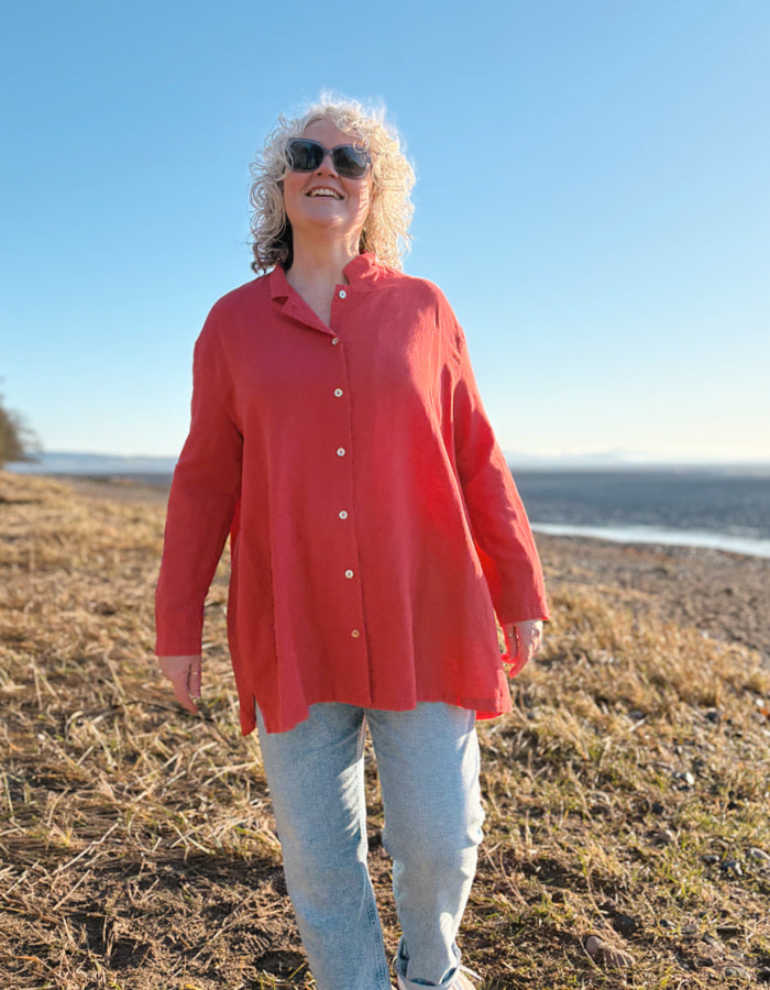 red cotton linen A-line summer shirt stand up collar and side pockets