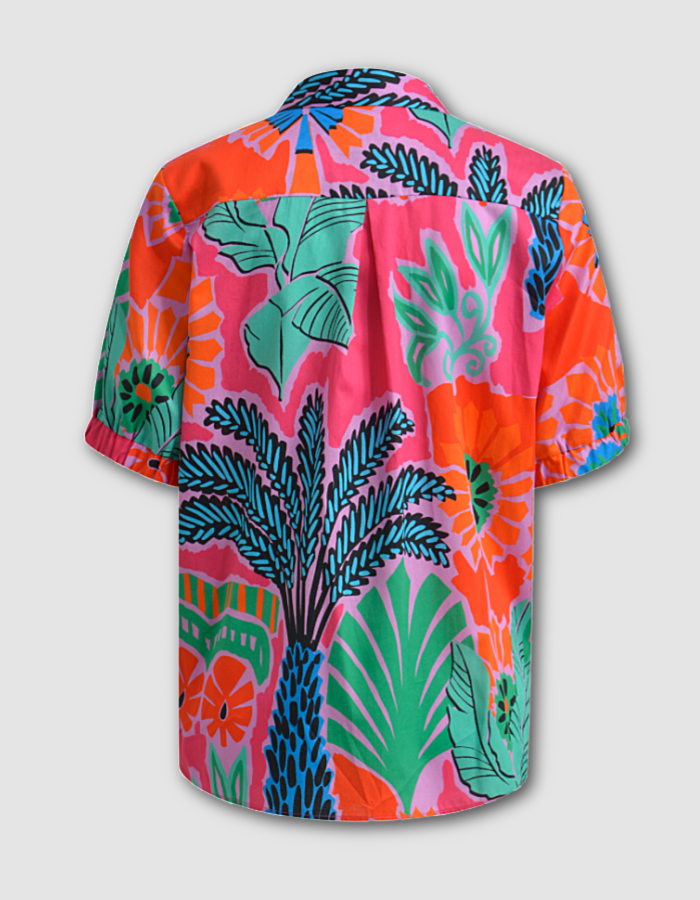 short sleeve tropical floral print shirt in pink orange green and turquoise