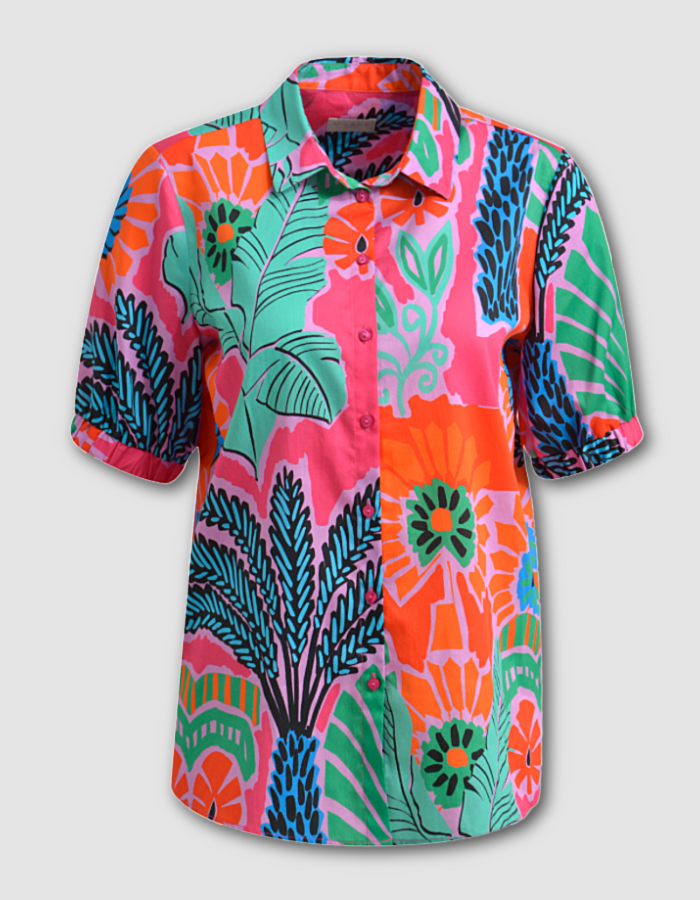 short sleeve tropical floral print shirt in pink orange green and turquoise