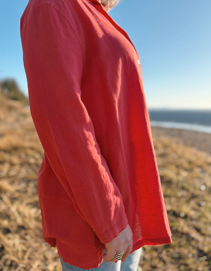 red cotton linen A-line summer shirt stand up collar and side pockets