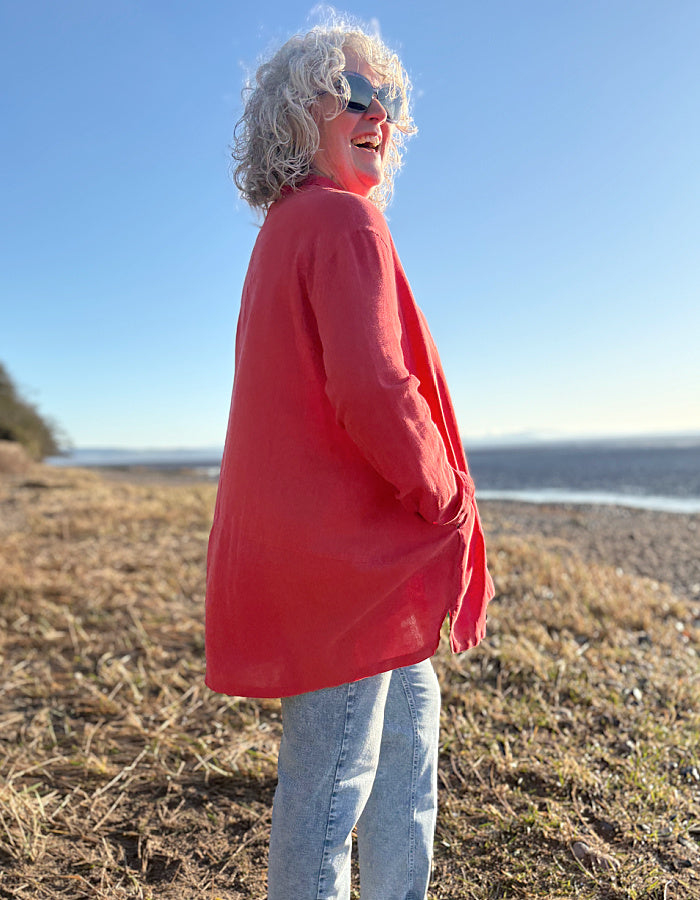 red cotton linen A-line summer shirt stand up collar and side pockets