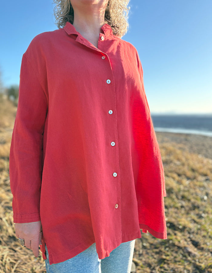 red cotton linen A-line summer shirt stand up collar and side pockets