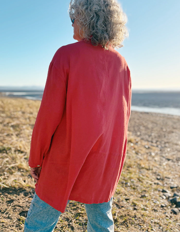 red cotton linen A-line summer shirt stand up collar and side pockets