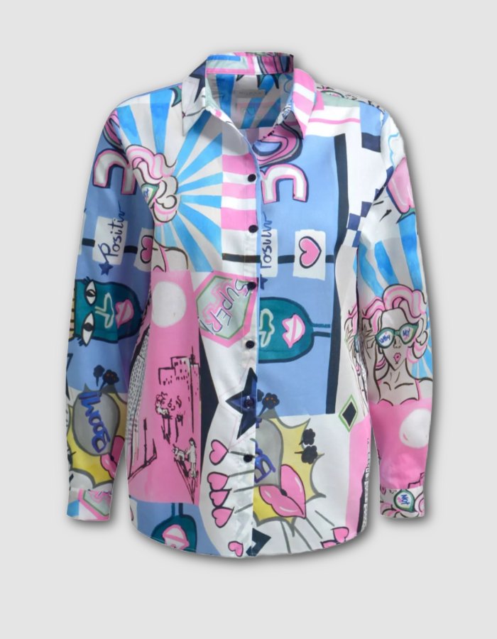 Colorful patterned shirt with cartoon characters on a light gray background