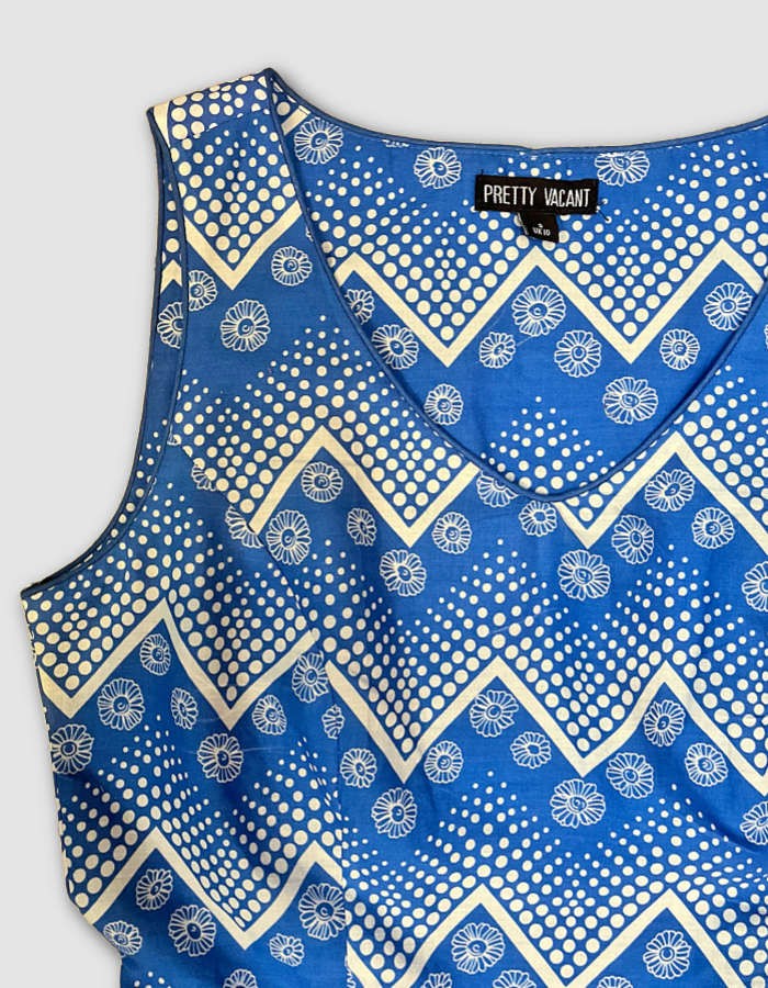 blue and white geo print sleeveless cotton dress