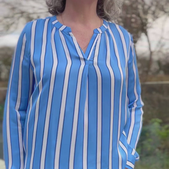 blue and white striped summer blouse made from silk feel viscose