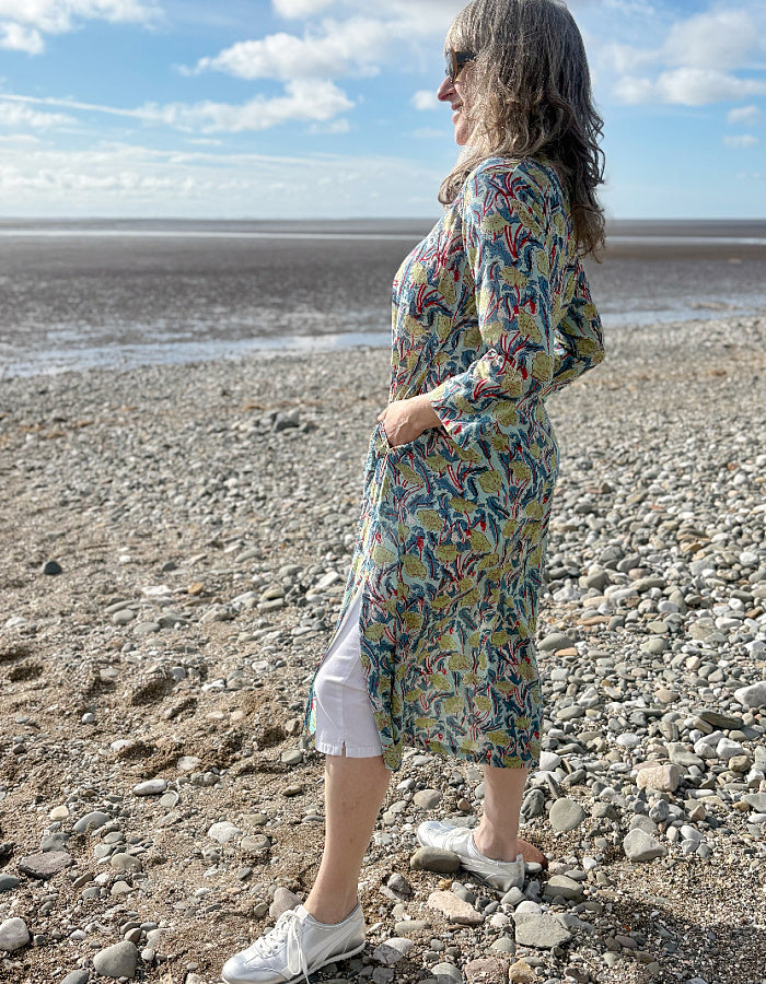 cotton kaftan dress with long sleeves and side splits in handblocked print