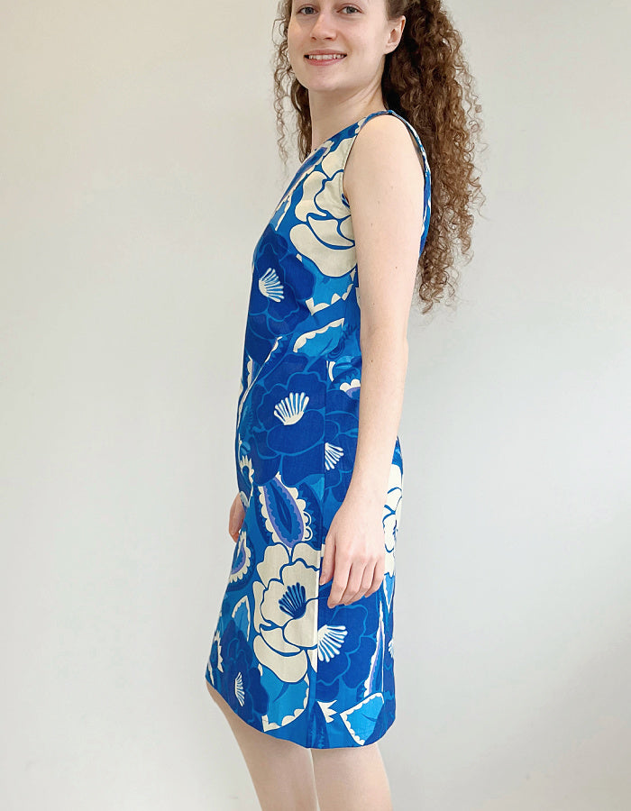 cobalt blue floral shift dress knee length and fitted