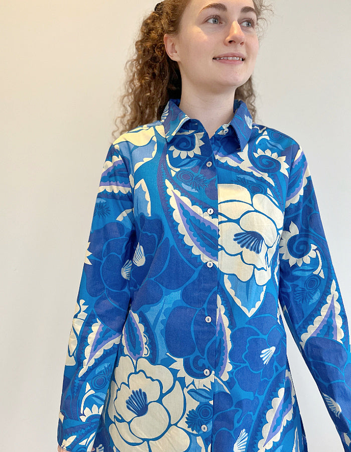long cotton shirt with ice splits in cobalt blue bold floral print