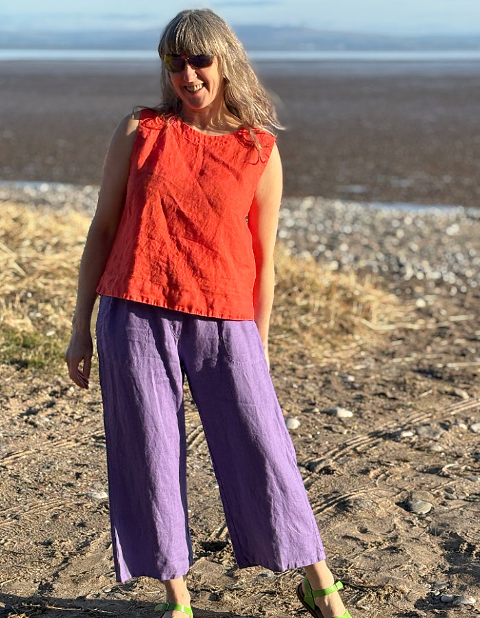 purple linen cropped summer trousers with high elasticated waist and pockets