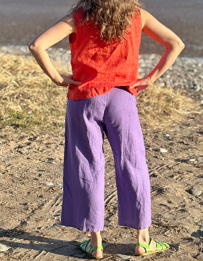 purple linen cropped summer trousers with high elasticated waist and pockets