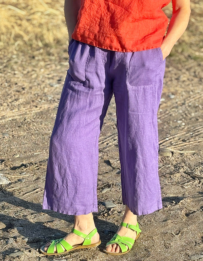 purple linen cropped summer trousers with high elasticated waist and pockets