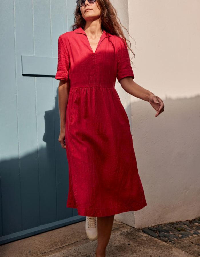 vintage inspired red midi length linen dress with collar
