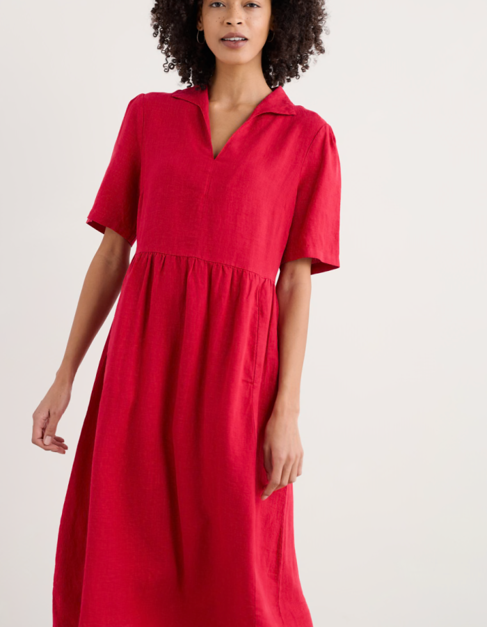 vintage inspired red midi length linen dress with collar