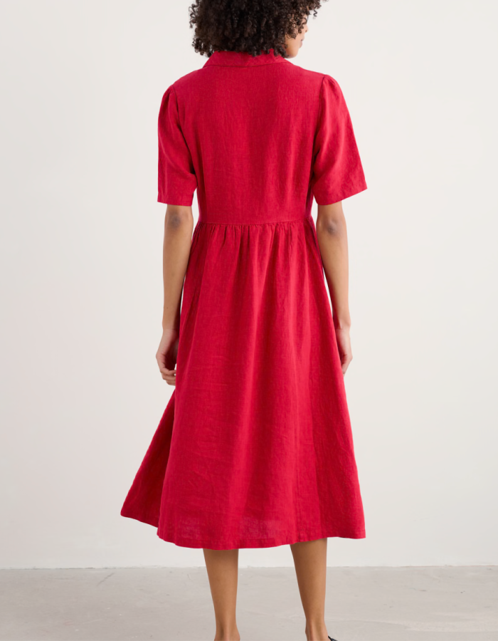vintage inspired red midi length linen dress with collar