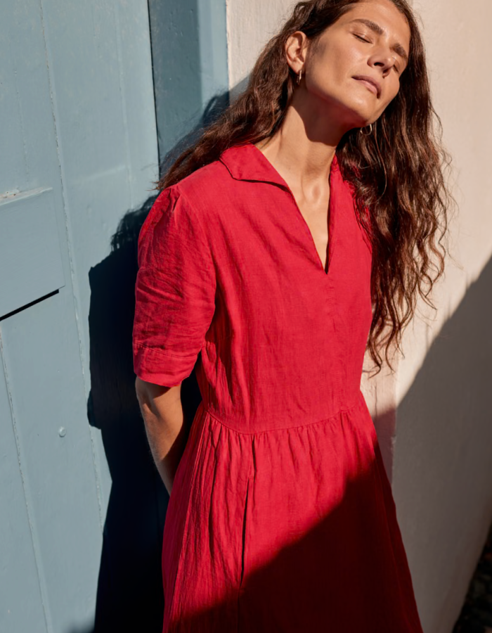 vintage inspired red midi length linen dress with collar