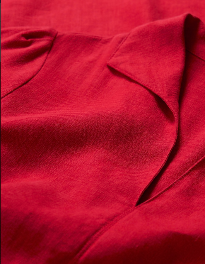 vintage inspired red midi length linen dress with collar