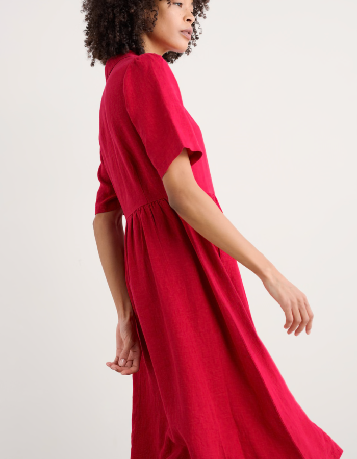 vintage inspired red midi length linen dress with collar