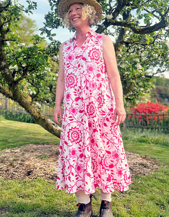 safari style sleeveless shirt dress with a midi length in summer pink print, gorgeous for a summers day