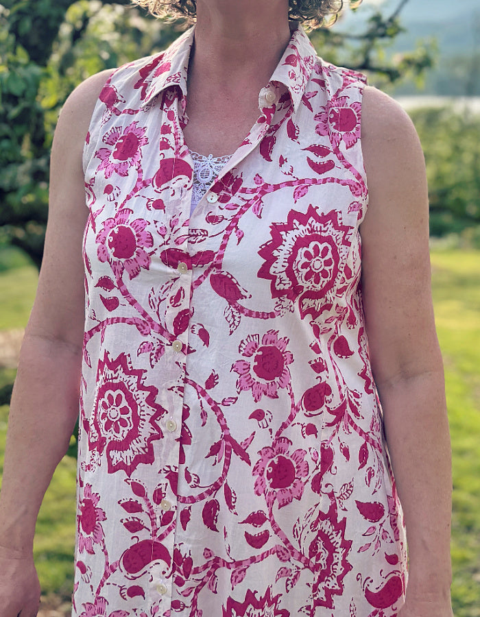 safari style sleeveless shirt dress with a midi length in summer pink print, gorgeous for a summers day