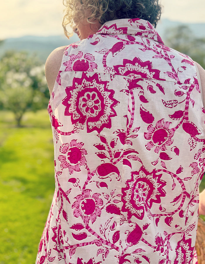 safari style sleeveless shirt dress with a midi length in summer pink print, gorgeous for a summers day