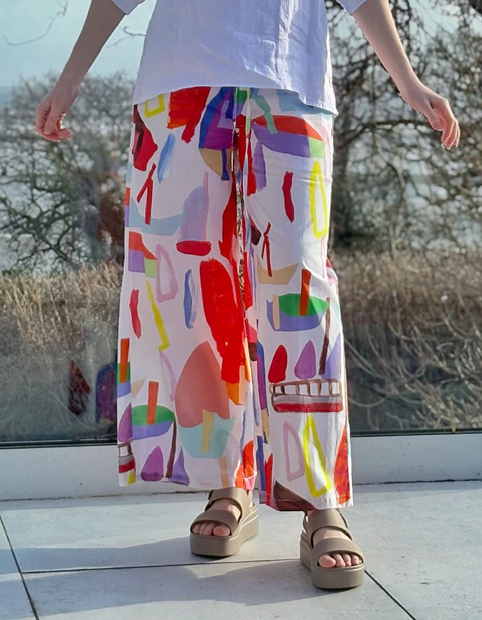 wide leg cotton trousers with drawstring elasticated waist with sailboat print