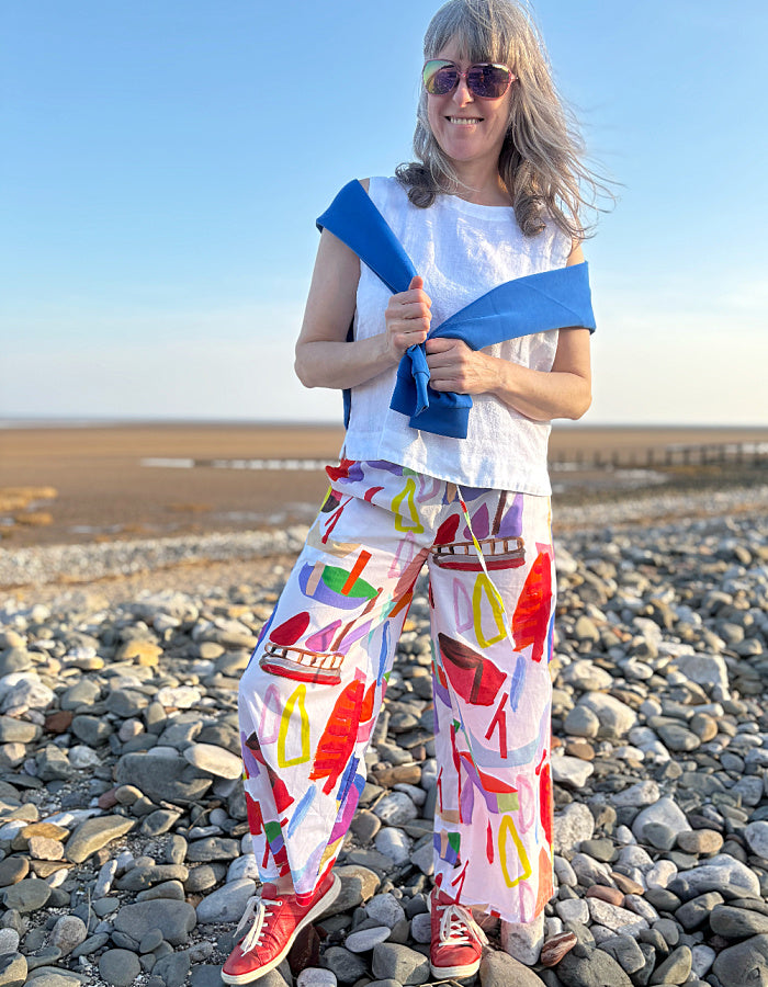 wide leg cotton trousers with drawstring elasticated waist with sailboat print